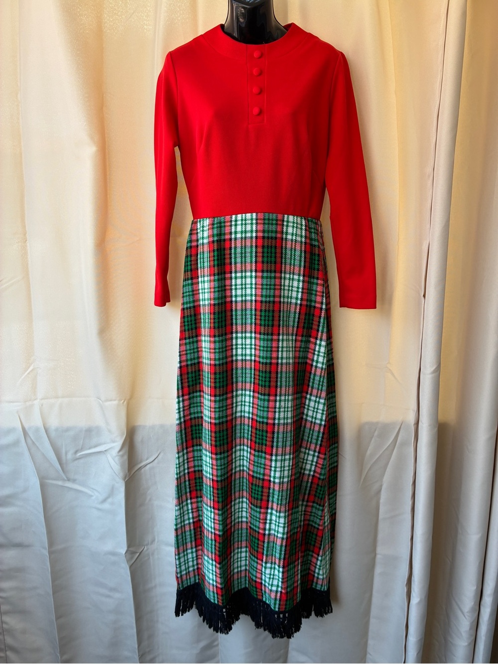 Vintage 70s “Elegant Miss” Maxi Dress Plaid Skirt Long Sleeve Small